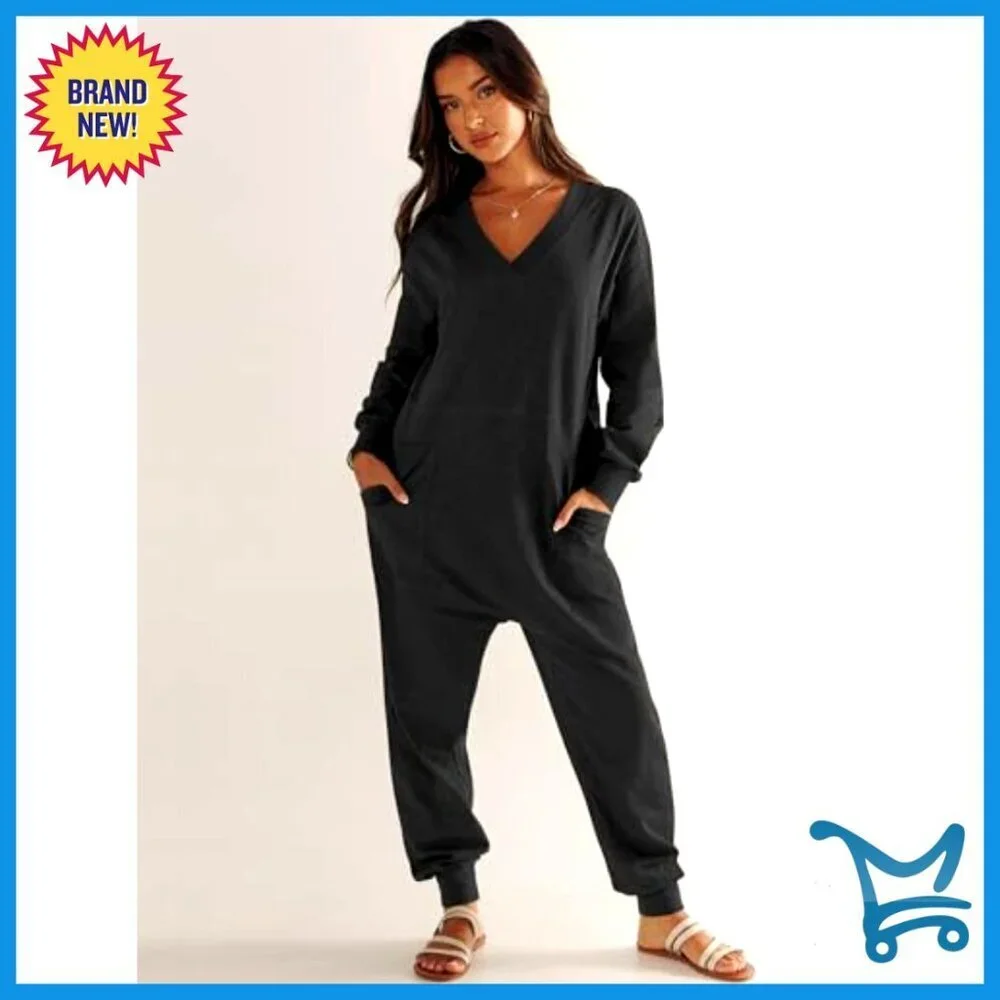 Long Sleeve Loose Fit Jumpsuit V-Neck Lounge Pajamas Casual Romper Rayon